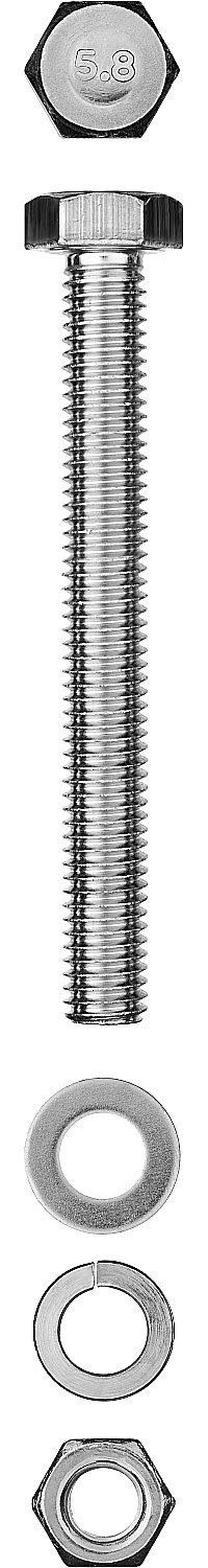 Болт (DIN933) с шестигранной головкой в комплекте с гайкой (DIN934), шайбой (DIN125), шайбой пруж. (DIN127) Зубр 303436-08-100, М8, 10 см, 933 DIN, 8 мм, оцинкованная сталь, 2 шт., фасовка (303436-08-100)