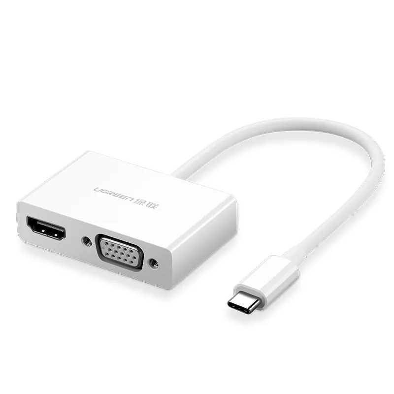 Переходник (адаптер) USB Type-C(m)-HDMI(19F)+VGA(F) 4K, экранированный, 10 см, белый UGREEN MM123 (30843)