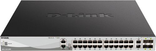 Коммутатор D-Link DGS-3130-30PS, управляемый, кол-во портов: 24x1 Гбит/с, SFP+ 4x10, кол-во SFP/uplink: RJ-45 2x10 Гбит/с, установка в стойку, PoE: 24x30 Вт (макс. 370 Вт) (DGS-3130-30PS/B1A)