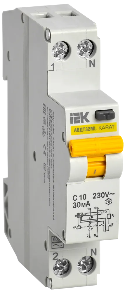 Выключатель автоматический дифференциального тока IEK KARAT АВДТ32МL, 1P+N, C, 10А, AC/30мА (MVD12-1-010-C-030)