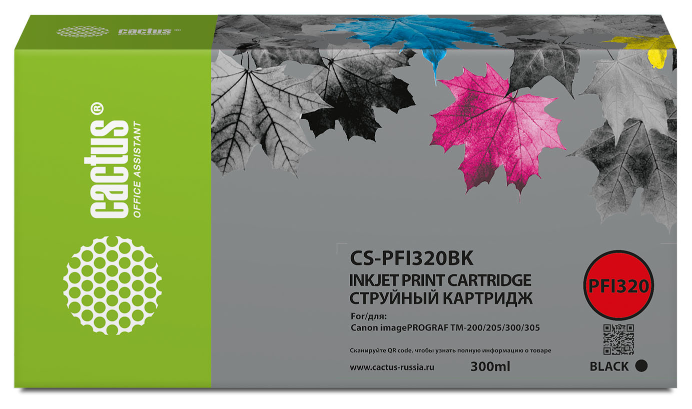 Картридж струйный Cactus CS-PFI320BK (PFI-320BK/2890C001), черный, совместимый, 300 мл, для Canon imagePROGRAF TM-200/TM-205/TM-300/TM-305