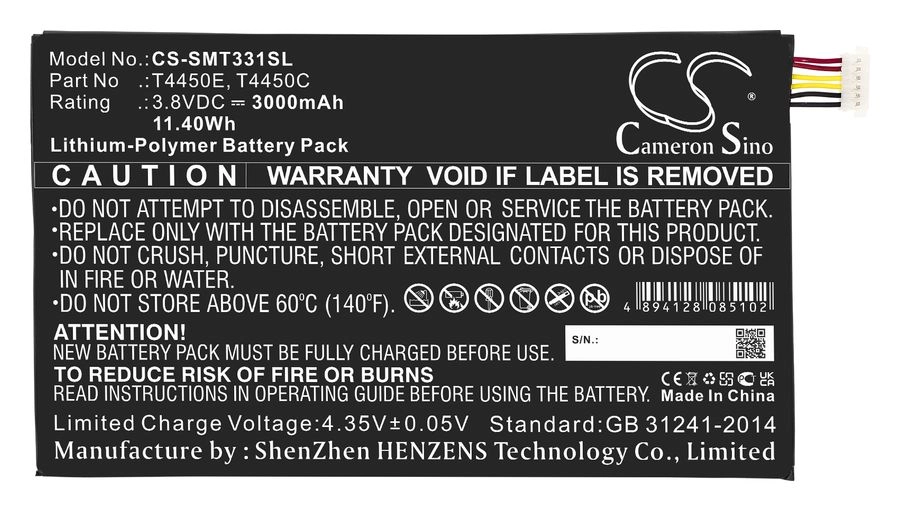 Aккумуляторные батареи для планшетов  E2E4 Аккумулятор CameronSino CS-SMT331SL, 3.8V, 4450mAh, Li-pol для Samsung Tab 3 8.0 SM-T3110