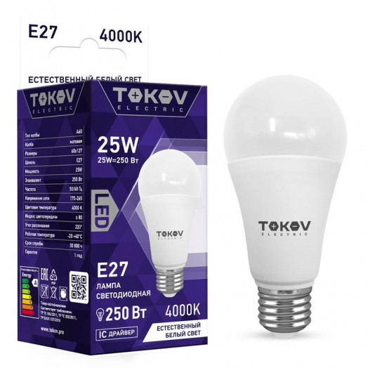 Лампа светодиодная E27 груша/A60, 25Вт, 6500K-6500K / белый, 2400лм, TOKOV ELECTRIC (TKE-A60-E27-25-6.5K)