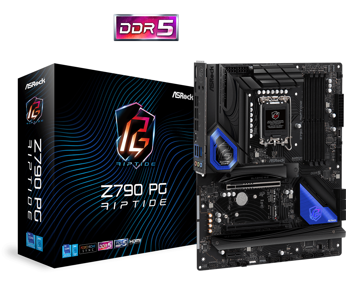 Материнская плата ASRock Z790 PG RIPTIDE, Socket1700, Intel Z790, 4xDDR5 DIMM, 2PCI-Ex16, 8SATA3, 7.1-ch, 2.5GLAN, 11 USB 3.2, 2 USB Type-C, HDMI, DP, ATX, Retail