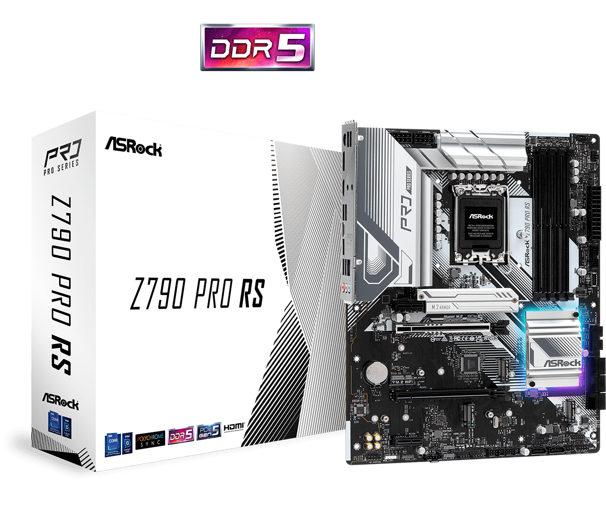 Материнская плата ASRock Z790 PRO RS, Socket1700, Intel Z790, 4xDDR5 DIMM, 2PCI-Ex16, 8SATA3, 7.1-ch, 2.5GLAN, 9 USB 3.2, 2 USB Type-C, HDMI, DP, ATX, Retail