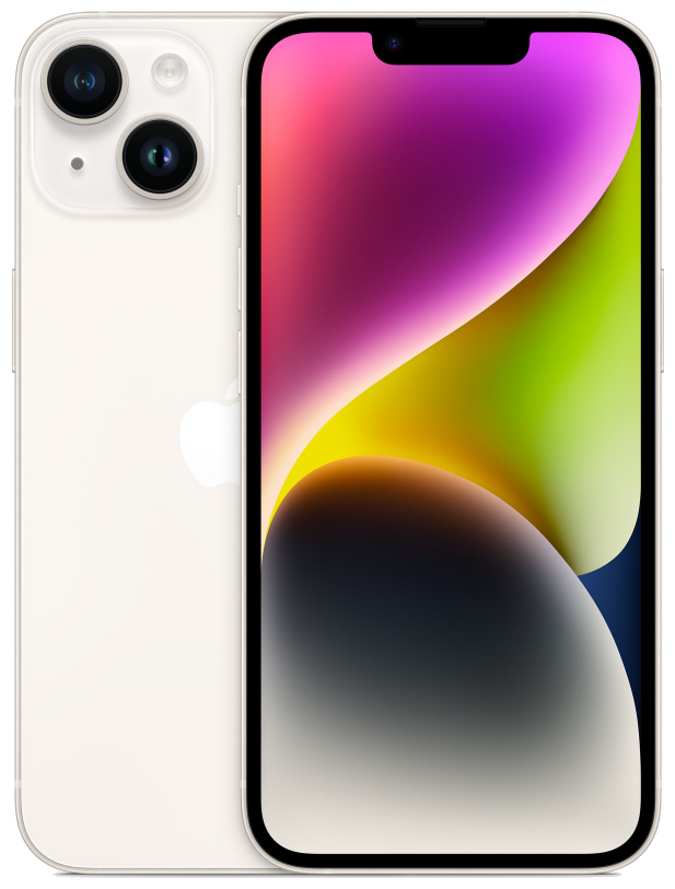 Смартфон Apple IPhone 14 A2882, 6.1 1170x2532 OLED, Apple A15 Bionic, 128Gb, 3G/4G/5G, NFC, Wi-Fi, BT, 2xCam, 2-Sim (nano SIM+eSIM), Lightning, iOS 16, белый (MPUR3HN/A)