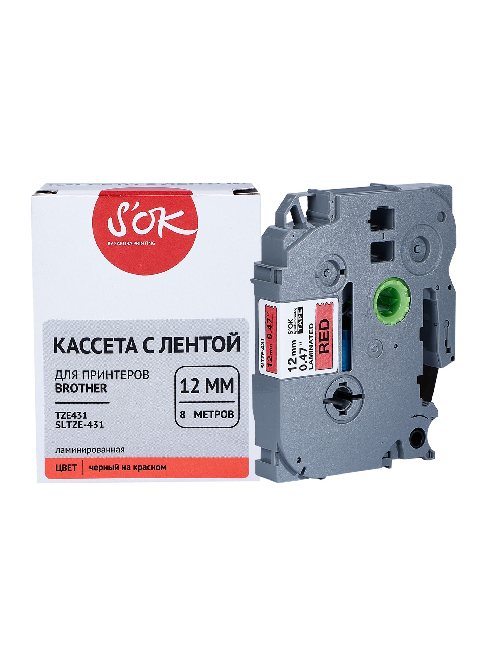  Кассета с наклейками SAKURA SLTZE431, 1.2 см x 8 м, черный на красном, совместимая (SLTZE431)