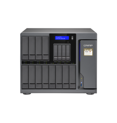 Сетевые накопители Сетевой накопитель (NAS) QNAP TS-1677X-1700-64G, слоты 16x2.5/3.5 SATA3, 4x1 Гбит/с + 2x10 Гбит/с, 8xUSB 3.X, AMD Ryzen 7 1700/8x3GHz, DDR4 64Gb, 550W, (TS-1677X-1700-64G)