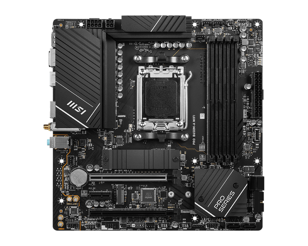 Материнская плата MSI PRO B650M-A WIFI, AM5, AMD B650, 4xDDR5 DIMM, 2PCI-Ex16, 4SATA3, 7.1-ch, 2.5GLAN, 10 USB 3.2, 1 USB Type-C, HDMI, DP, mATX, Retail
