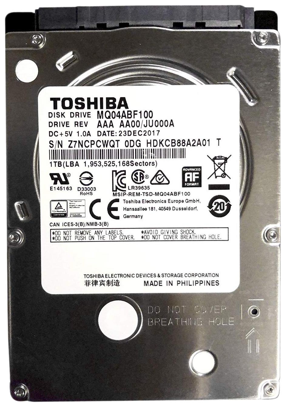 Жесткий диск (HDD) Toshiba 1Tb Mobile, 2.5, 5400rpm, 128Mb, SATA3 (MQ04ABF100)