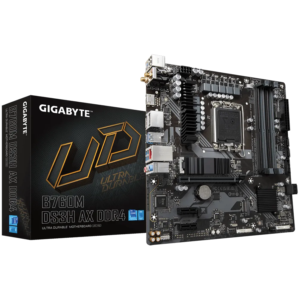 Материнская плата GIGABYTE B760M DS3H AX DDR4, Socket1700, Intel B760, 4xDDR4, PCI-Ex16, 4SATA3, 7.1-ch, 2.5GLAN, 5 USB 3.2, 1 USB Type-C, HDMI, DP, mATX, Retail