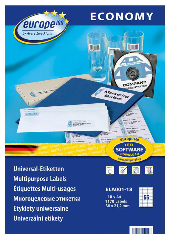  Этикетка самоклеящаяся EUROPE100 ELA001-18, односторонняя, матовая, 38x21.2мм, 65шт. на листе A4, 18л., белый (ELA001-18)