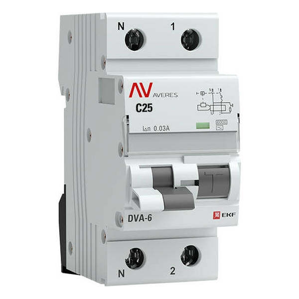 Выключатель автоматический дифференциального тока EKF - rcbo6-1pn-25C-30-ac-av, 2P, C, 25А/30мА (rcbo6-1pn-25C-30-ac-av)
