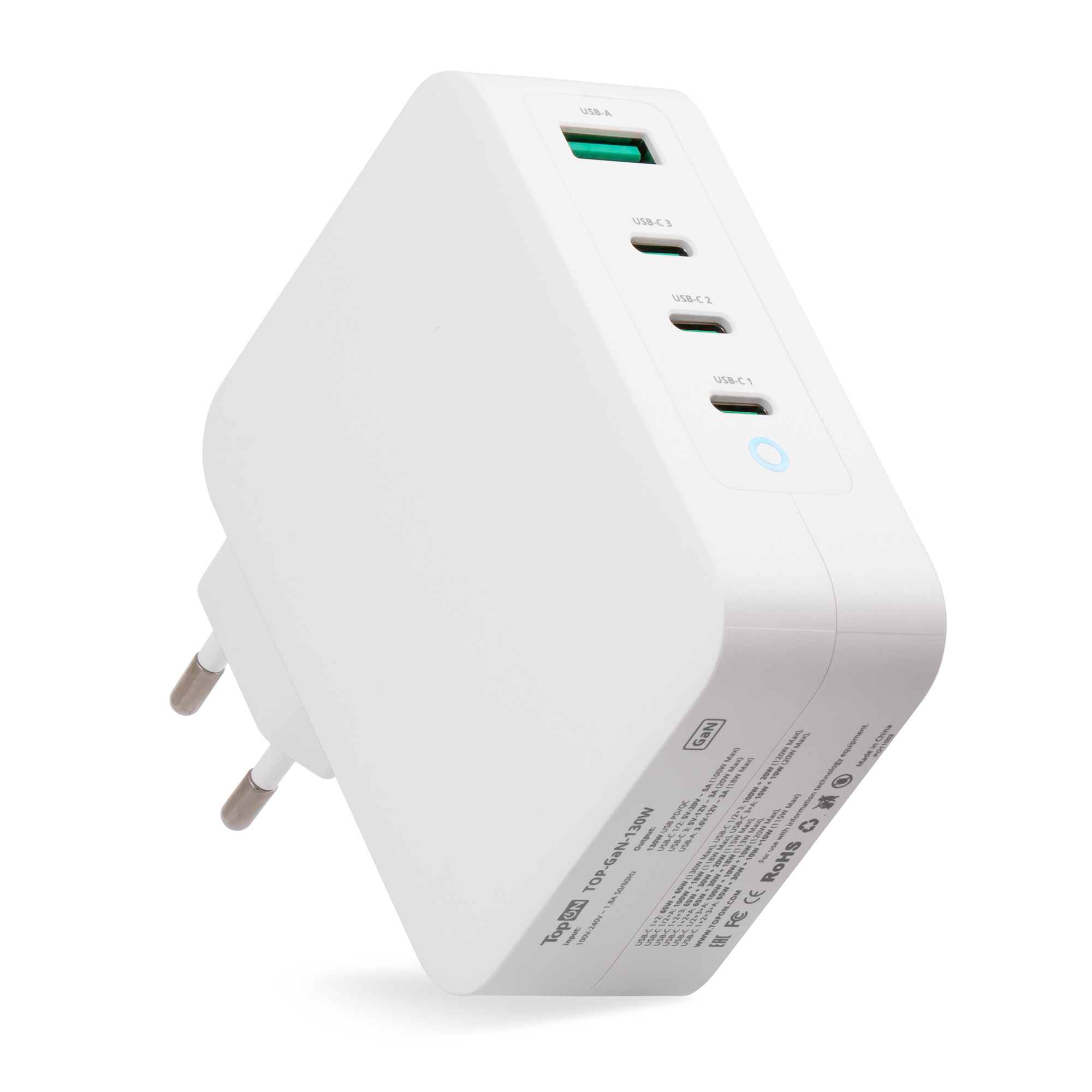  Сетевое зарядное устройство TopON TOP-GaN-130W 130Вт, USB, 3xUSB type-C, Quick Charge, PD, 3A, белый ( TOP-GaN-130W)