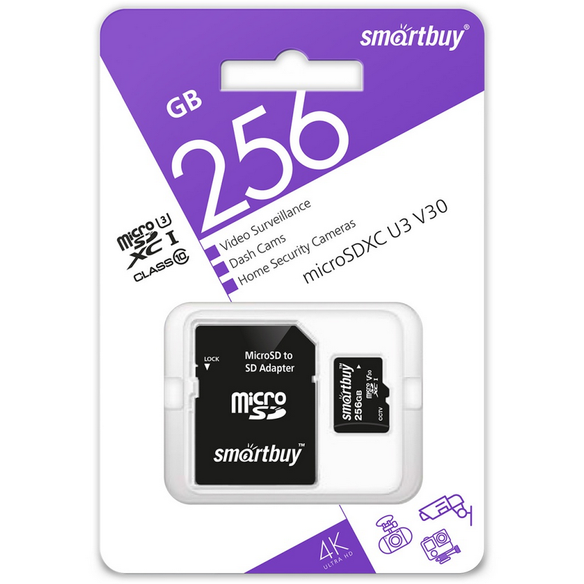   E2E4 Карта памяти 256Gb microSDHC SmartBuy Class 10 UHS-I U3 V30 + адаптер (SB256GBSDCCTV)