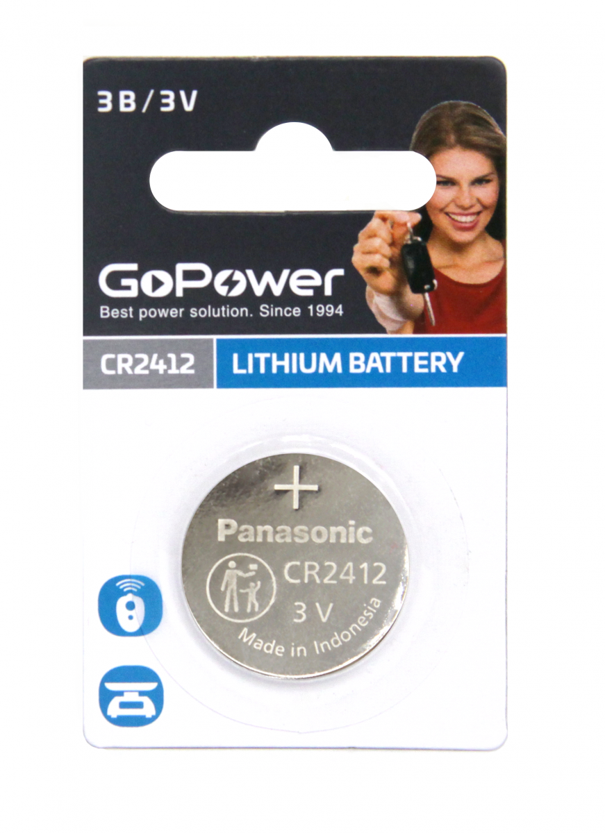 Элементы питания  E2E4 Батарея GoPower CR2412, 3V, 1шт. (00-00021266)