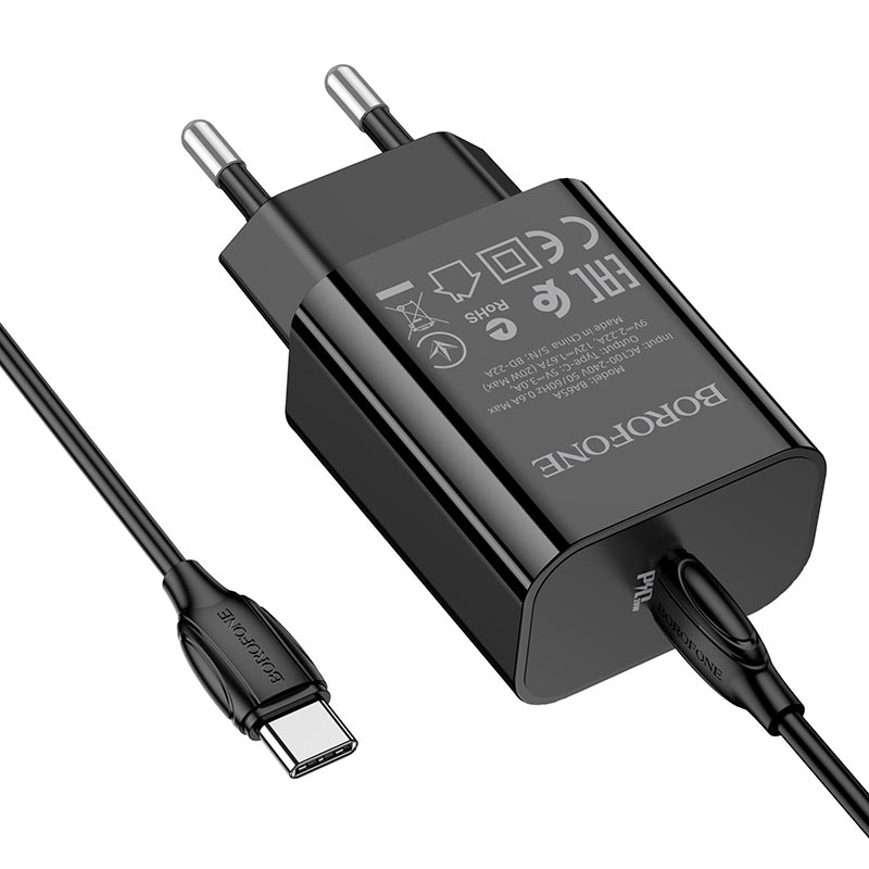   E2E4 Сетевое зарядное устройство Borofone BA65A PD20W 20Вт, USB type-C, Quick Charge, PD, 3A, черный (213518), кабель USB Type C