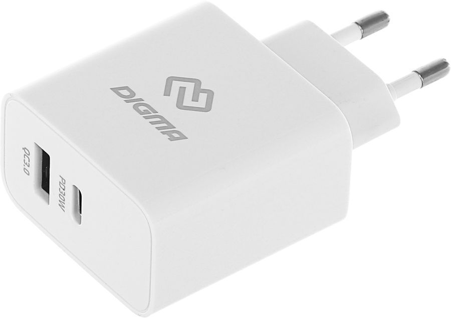 Сетевое зарядное устройство Digma DGW3D 20Вт, USB, USB type-C, Quick Charge, PD, 3A, белый (DGW3D0F110WH)