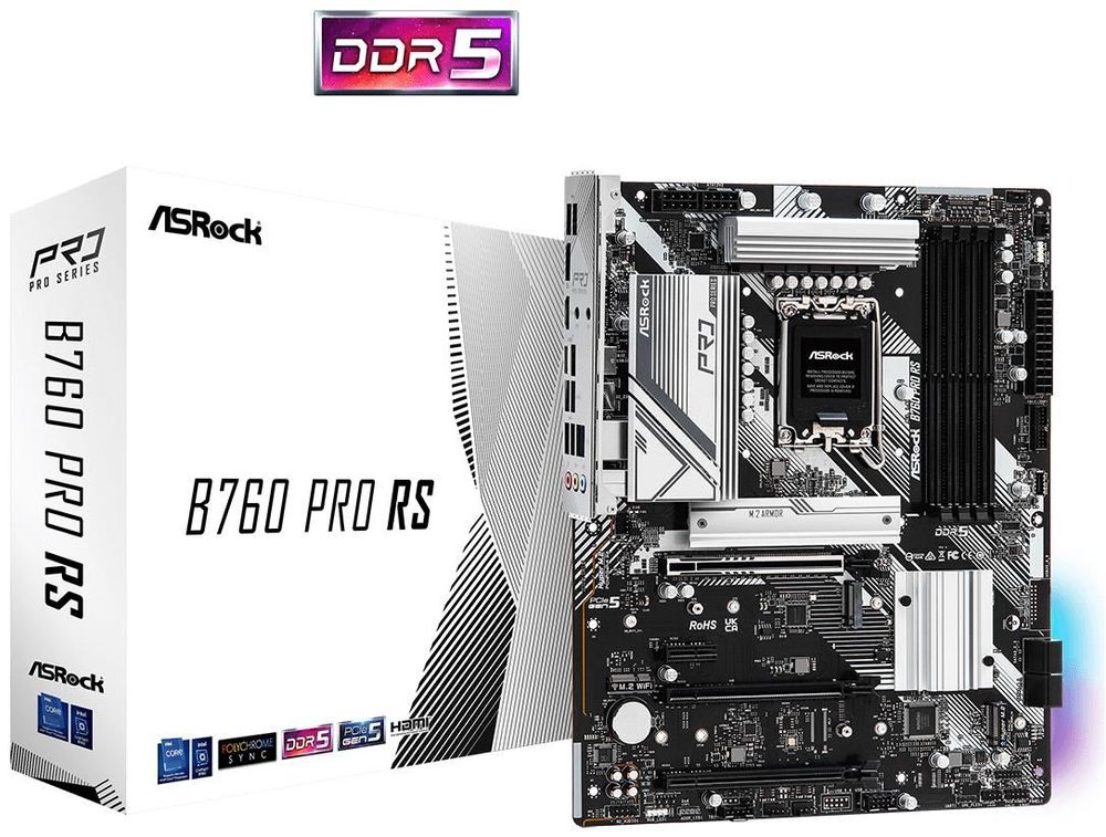 Материнская плата ASRock B760 PRO RS, Socket1700, Intel B760, 4xDDR5 DIMM, 3PCI-Ex16, 4SATA3, 7.1-ch, 2.5GLAN, 7 USB 3.2, 1 USB Type-C, HDMI, DP, ATX, Retail