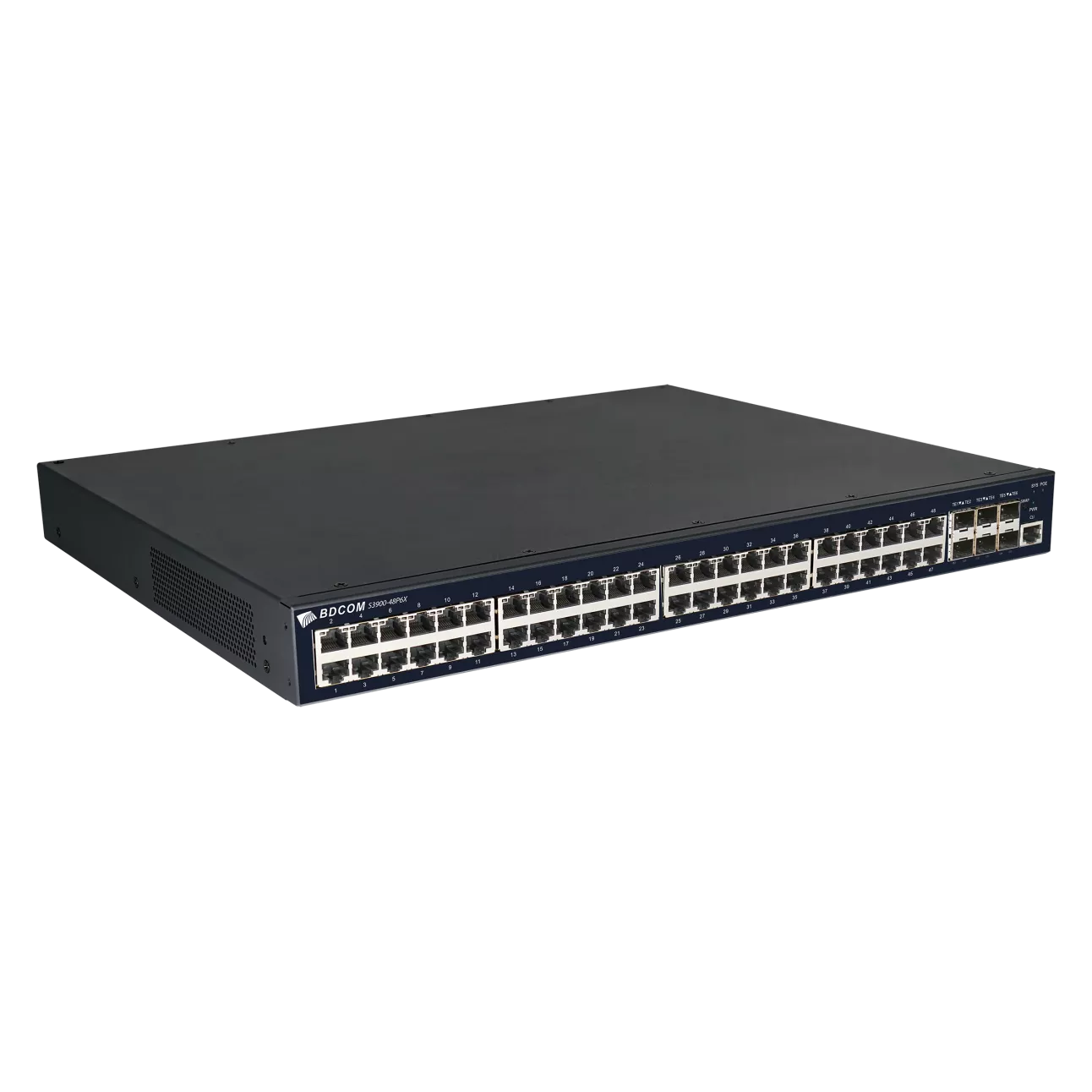 Коммутатор BDCom S3900-48P6X, управляемый, кол-во портов: 48x1 Гбит/с, кол-во SFP/uplink: SFP+ 6x10 Гбит/с, установка в стойку, PoE: 48x30 Вт (макс. 740 Вт)