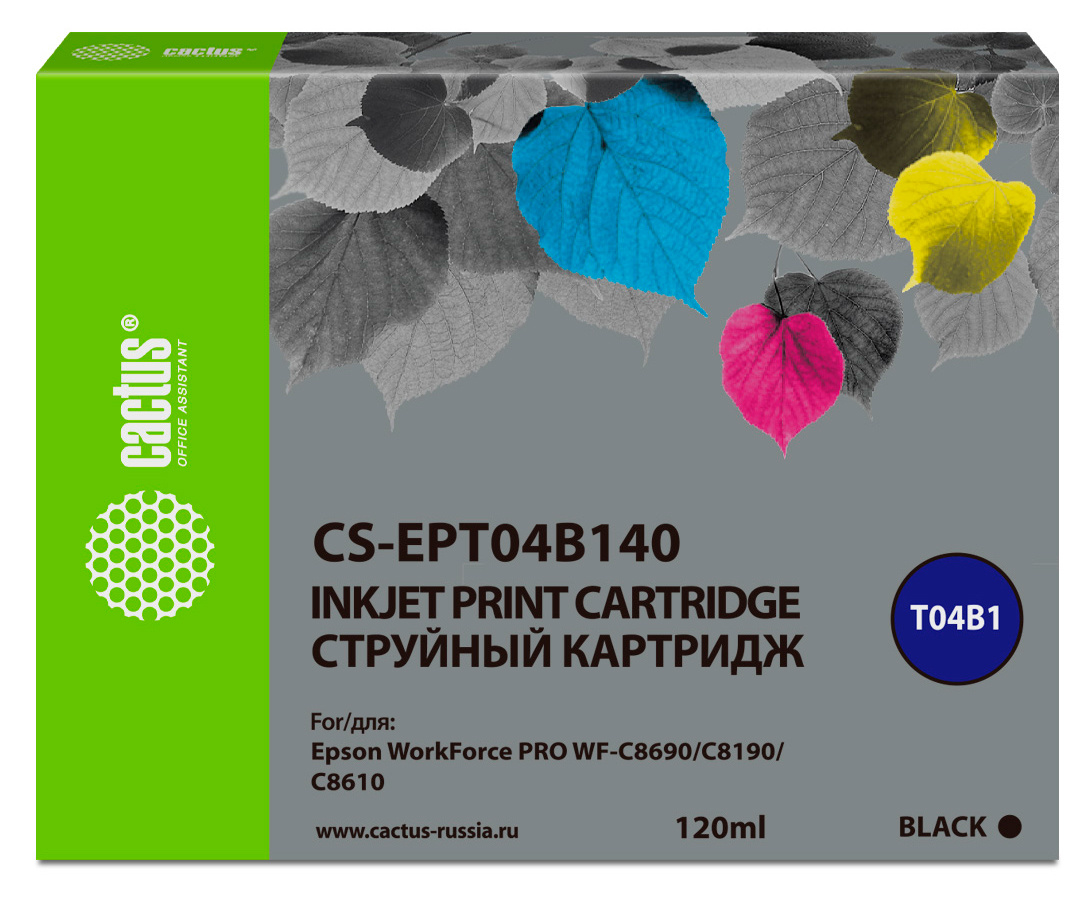 Картридж струйный Cactus CS-EPT04B140 (C13T04B140), черный, совместимый, 120мл, для Epson WorkForce Pro WF-C8190 / WF-C8690