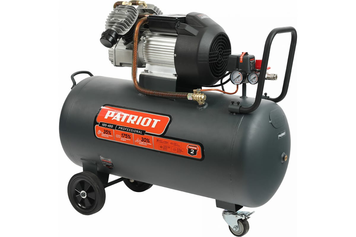 Компрессор воздушный PATRIOT Professional 100-400, 2.2 кВт, 7.9 атм, 400л/мин, 220В, 100 л, масляный, электрический, поршневой, коаксиальный (прямой) (525301955)