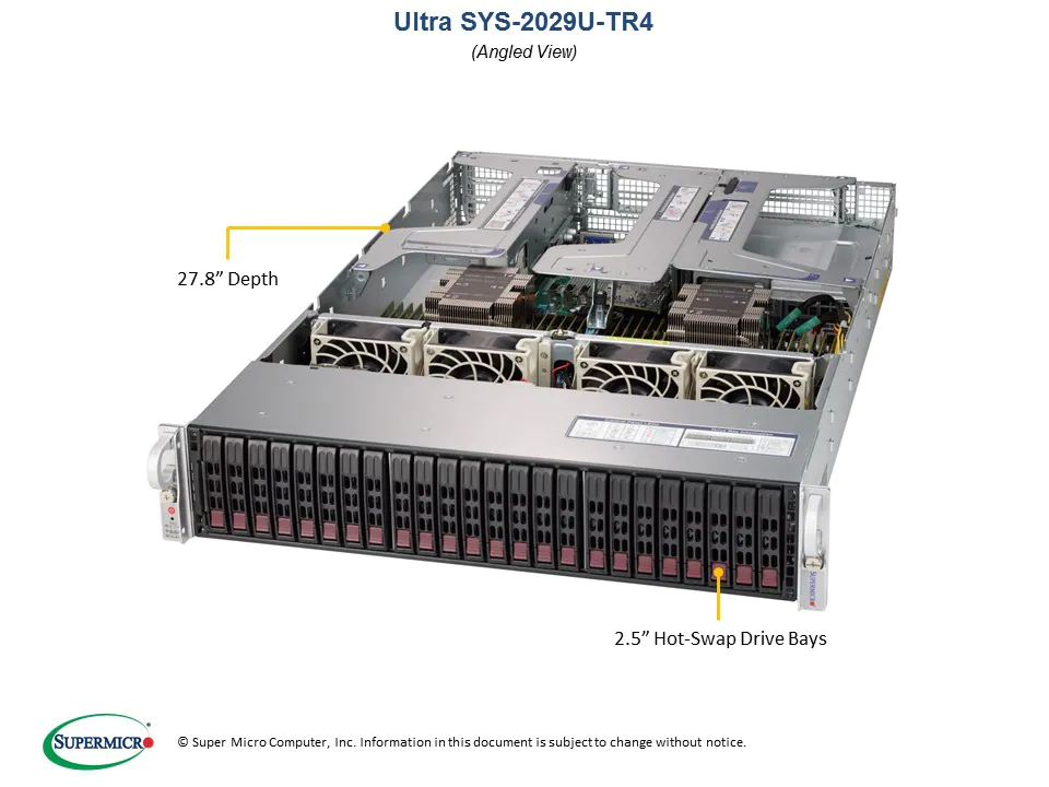 Серверная платформа SuperMicro SYS-2029U-TR4, 2xSocket3647, 24xDDR4, 24x2.5 HDD HS, 3-PCI-E, 4x1 Гбит/с, IPMI, Redundant 2x1000 Вт, 2U (SYS-2029U-TR4)
