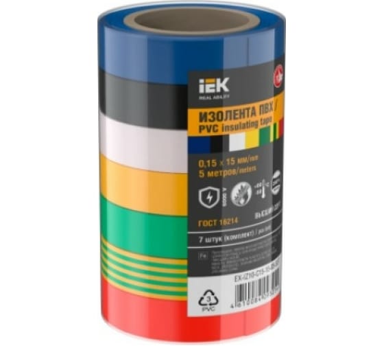 Изолента ПВХ, 150 мкм/1.5 см/5 м, мультиколор, 7 шт., IEK (EX-IZ10-C15-15-05-SET)