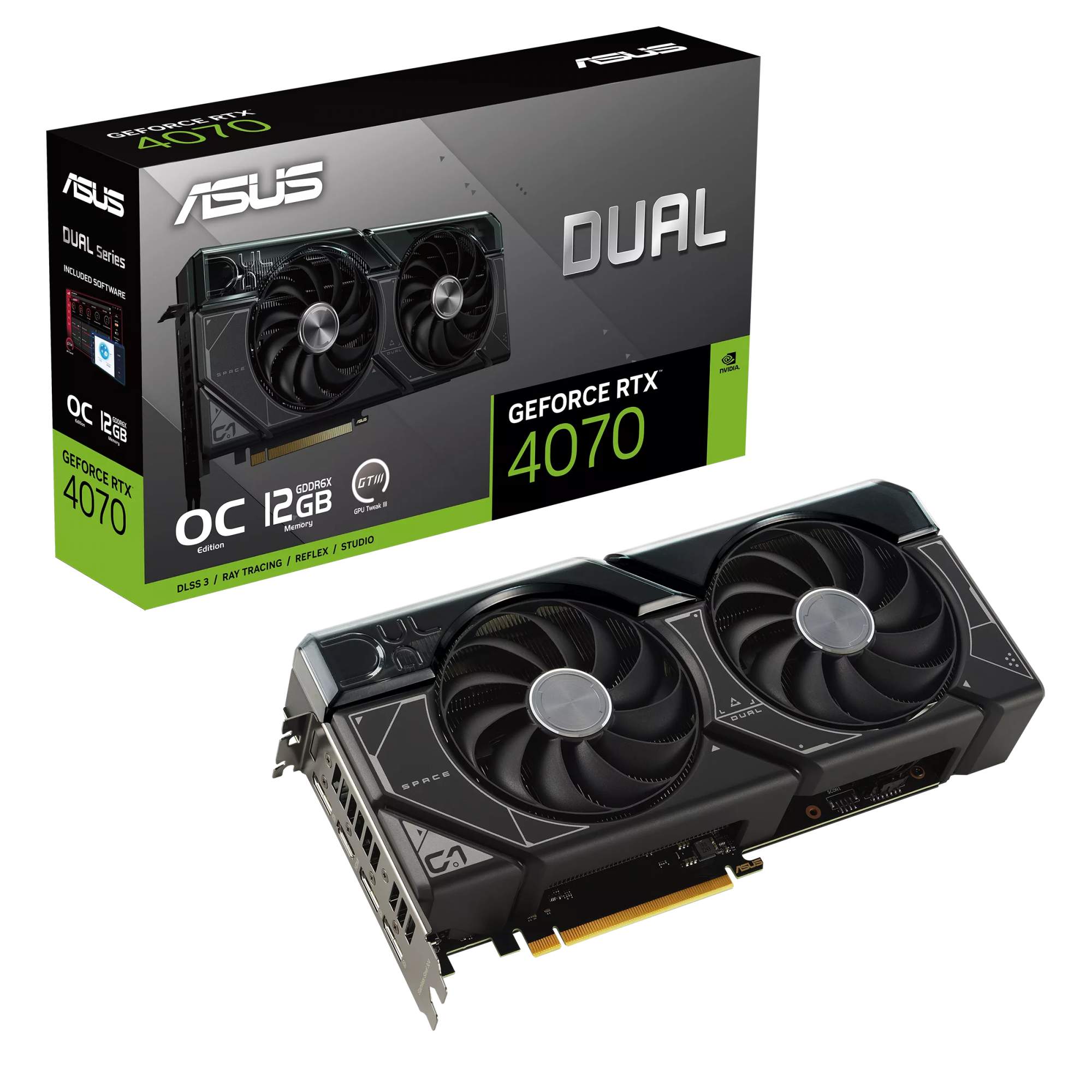 Видеокарта ASUS NVIDIA GeForce RTX 4070 Dual OC, 12Gb GDDR6X, 192 бит, PCI-E, HDMI, 3DP, Retail (DUAL-RTX4070-O12G)