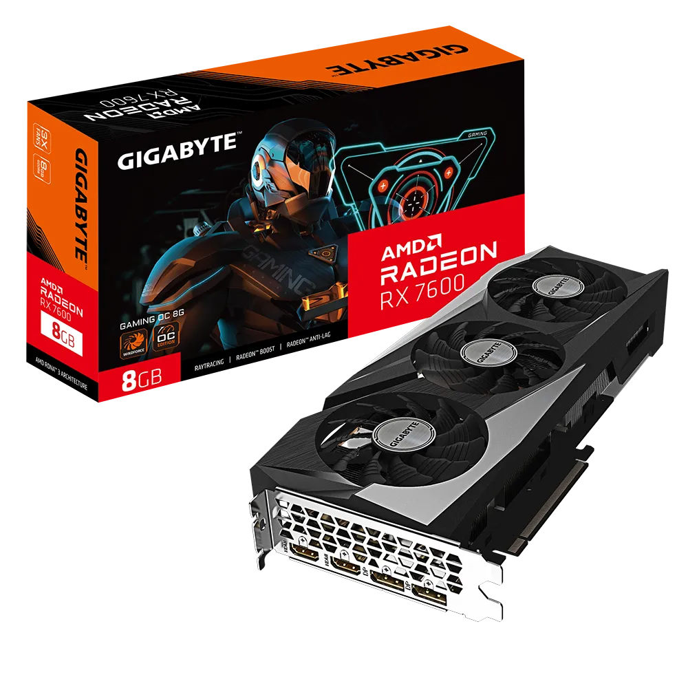 Видеокарта GIGABYTE AMD Radeon RX 7600 GAMING OC, 8Gb DDR6, 128 бит, PCI-E, 2HDMI, 2DP, Retail (GV-R76GAMING OC-8GD)