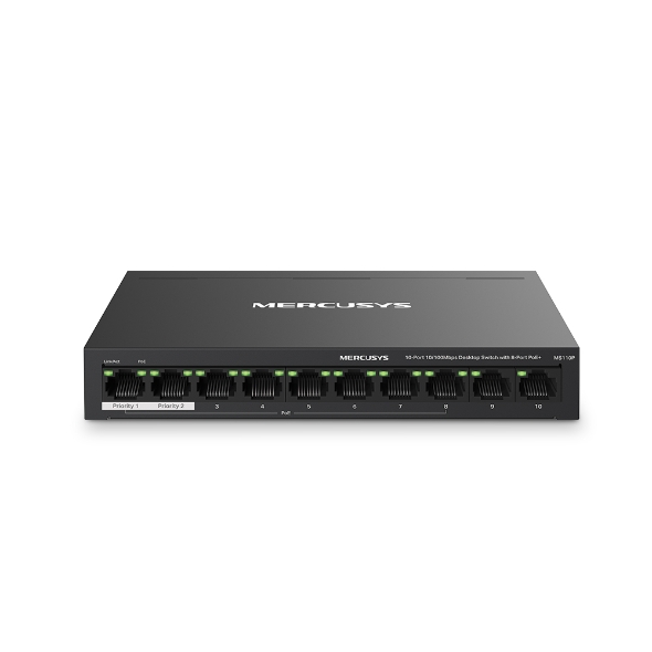 Коммутатор Mercusys MS110P, кол-во портов: 8x100 Мбит/с, кол-во SFP/uplink: RJ-45 2x100 Мбит/с, PoE: 8x30 Вт (макс. 65 Вт)