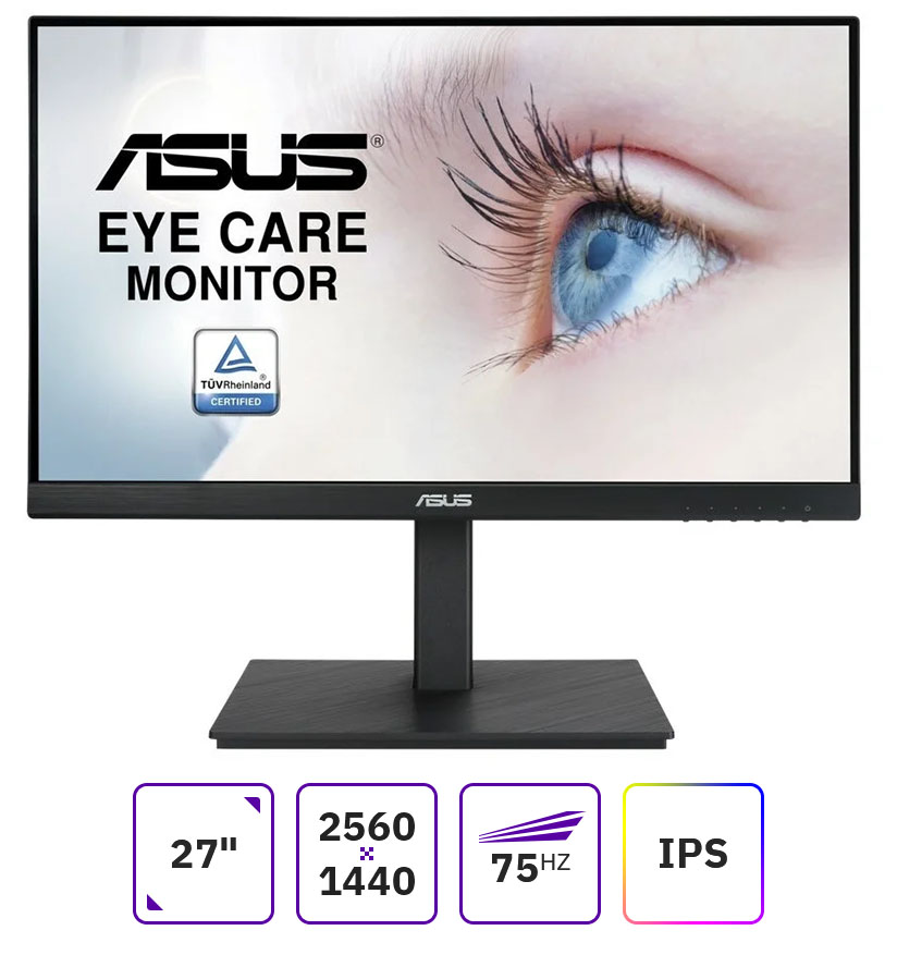 Монитор 27 ASUS VA27AQSB IPS, 2560x1440 (16:9), 350кд/м2, 1 мс, 178°/178°, HDMI, DisplayPort, USB-Hub, черный (90LM06G0-B01170/90LM06G3-B02170)