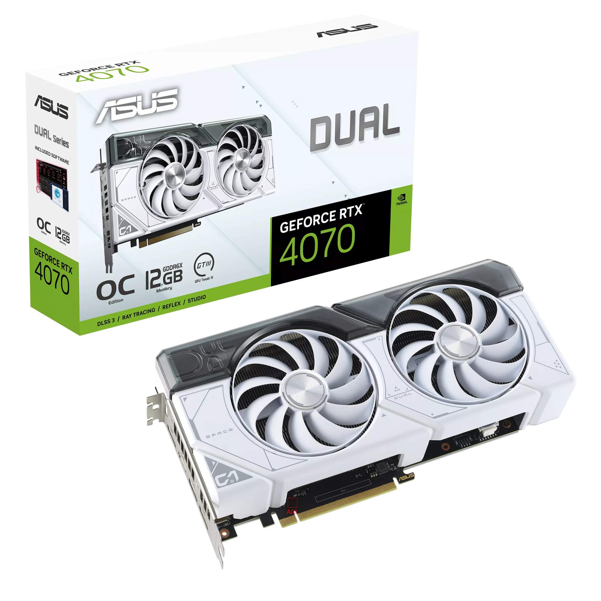 Видеокарта ASUS NVIDIA GeForce RTX 4070 Dual OC, 12Gb GDDR6X, 192 бит, PCI-E, HDMI, 3DP, Retail (DUAL-RTX4070-O12G-WHITE)