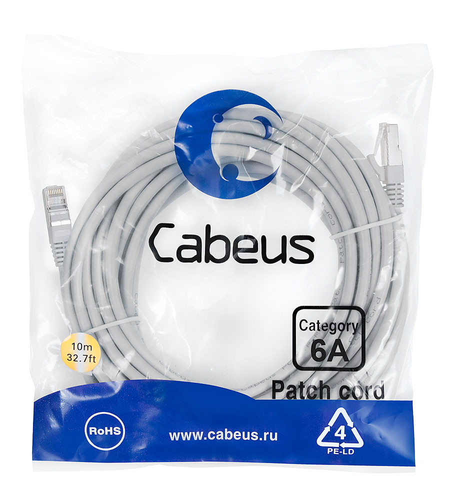 Патч-корд SSTP кат.6a, 10 м, RJ45-RJ45, серый, CU, LSZH, экранированный, Cabeus (PC-SSTP-RJ45-Cat.6a-10m-LSZH)