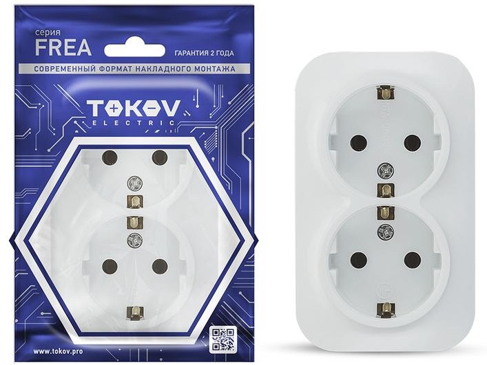 Розетка TOKOV ELECTRIC Frea, открытая, 2-х постовая/модулей: 1, с з/к, 16А, в сборе, IP20, белый (TKE-FR-R2Z-C01)