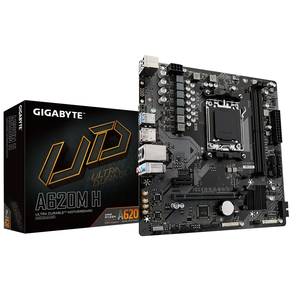 Socket AM5 Материнская плата GIGABYTE A620M H, AM5, AMD A620, 2xDDR5 DIMM, PCI-Ex16, 4SATA3, 7.1-ch, GLAN, 4 USB 3.2, HDMI, DP, mATX, Retail