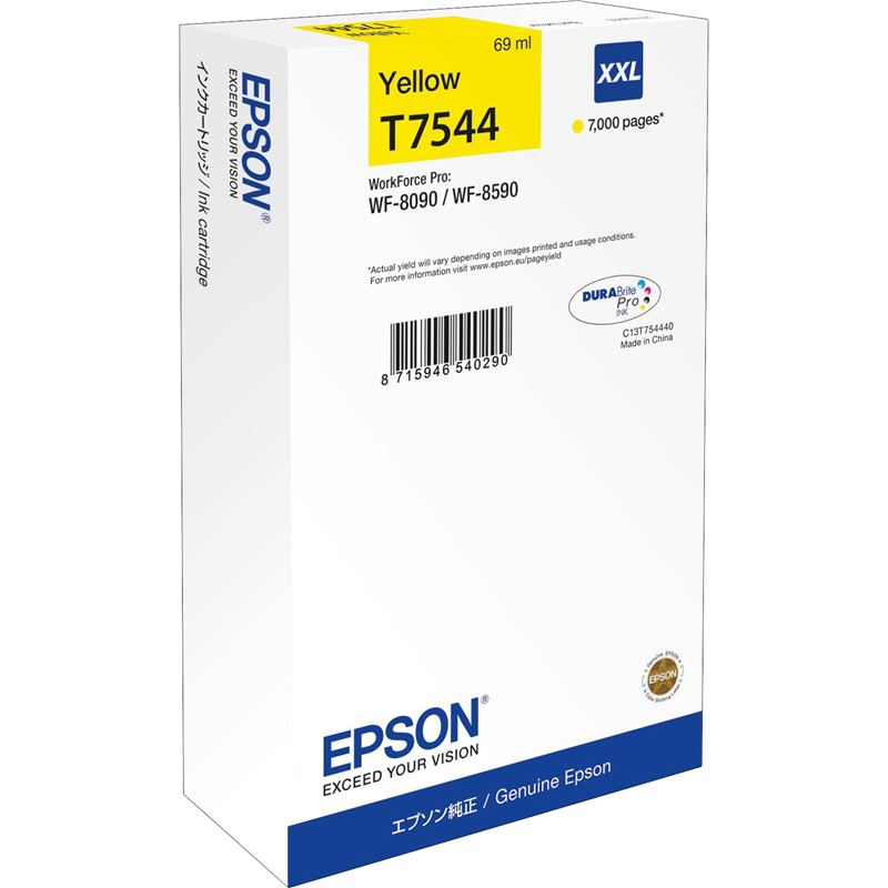 Картридж струйный Epson T7544 (C13T754440), желтый, оригинальный, ресурс 7000 страниц, для WorkForce Pro WF-8090DW