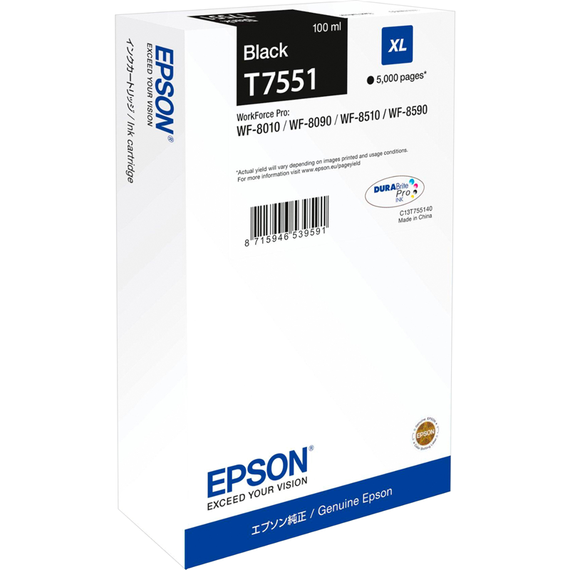  Картридж струйный Epson T7551 (C13T755140), черный, оригинальный, ресурс 5000 страниц, для WorkForce Pro WF-8090DW