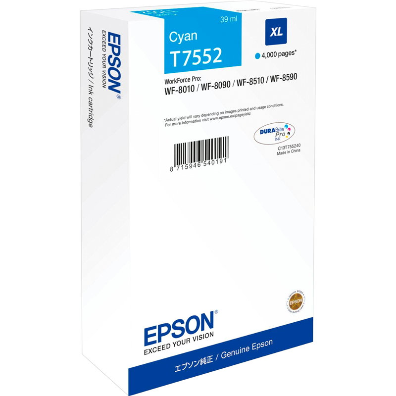 Картриджи струйные оригинальные  E2E4 Картридж струйный Epson T7552 (C13T755240), голубой, оригинальный, ресурс 4000 страниц, для WorkForce Pro WF-8090DW