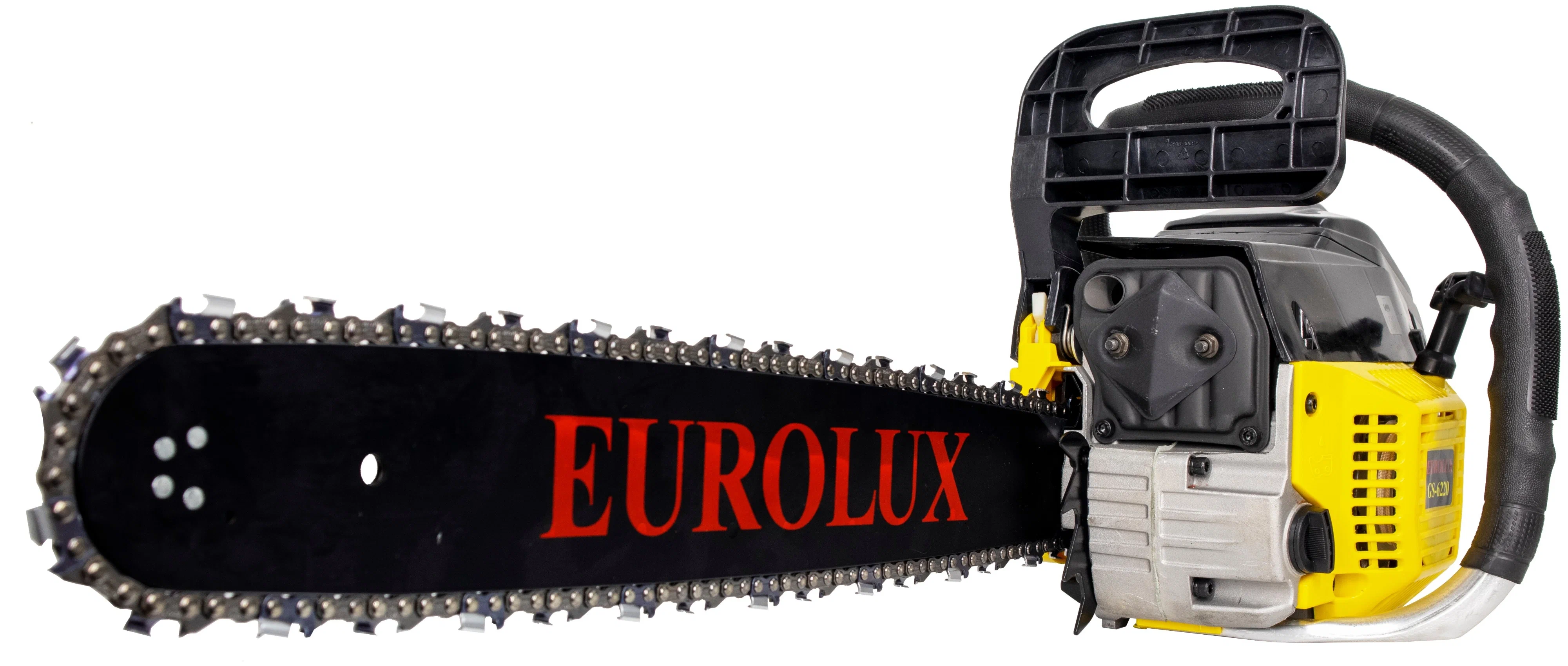 Бензопила Eurolux GS-6220, 3.1 кВт, 4.2 л.с., бензиновая, шина 50.5 см, шаг 0.325 дюйма, емкость топливного бака 550 мл, 7.1 кг (70/6/27)