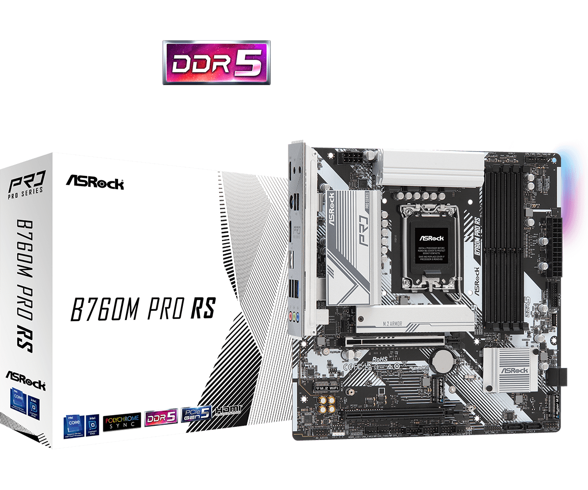 Материнская плата ASRock B760M PRO RS, Socket1700, Intel B760, 4xDDR5 DIMM, 2PCI-Ex16, 4SATA3, 7.1-ch, 2.5GLAN, 5 USB 3.2, 1 USB Type-C, HDMI, DP, mATX, Retail