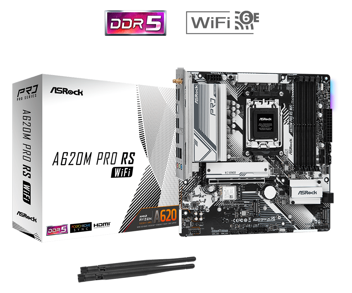 Материнская плата ASRock A620M PRO RS WIFI, AM5, AMD A620, 4xDDR5 DIMM, PCI-Ex16, 4SATA3, 7.1-ch, GLAN, 5 USB 3.2, 2 USB Type-C, HDMI, DP, mATX, Retail