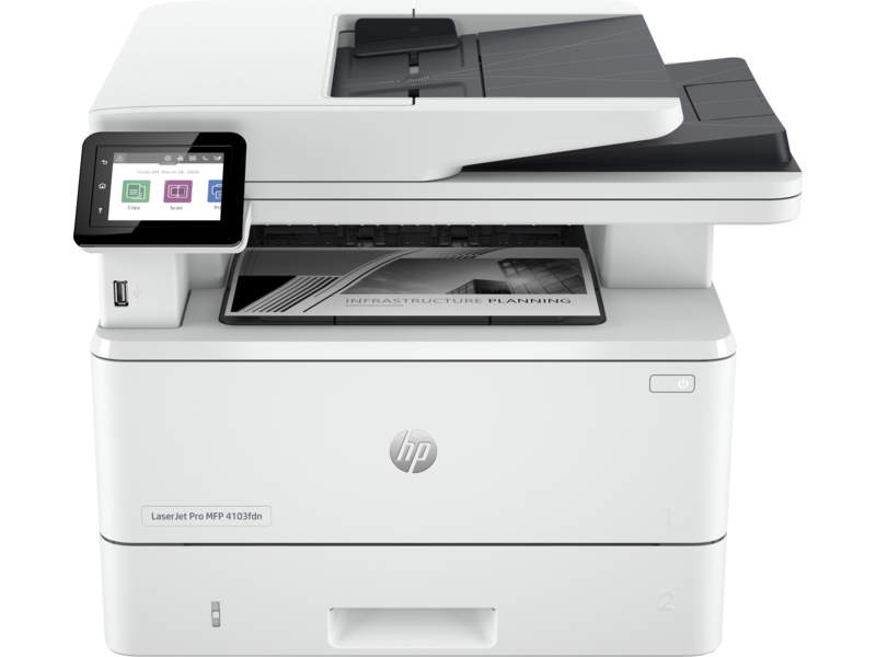 МФУ лазерный HP LaserJet Pro 4103fdn, A4, ч/б, 40 стр/мин (A4 ч/б), 1200x1200 dpi, дуплекс, ДАПД-50 листов, факс, сетевой, USB, белый/черный (2Z628A)