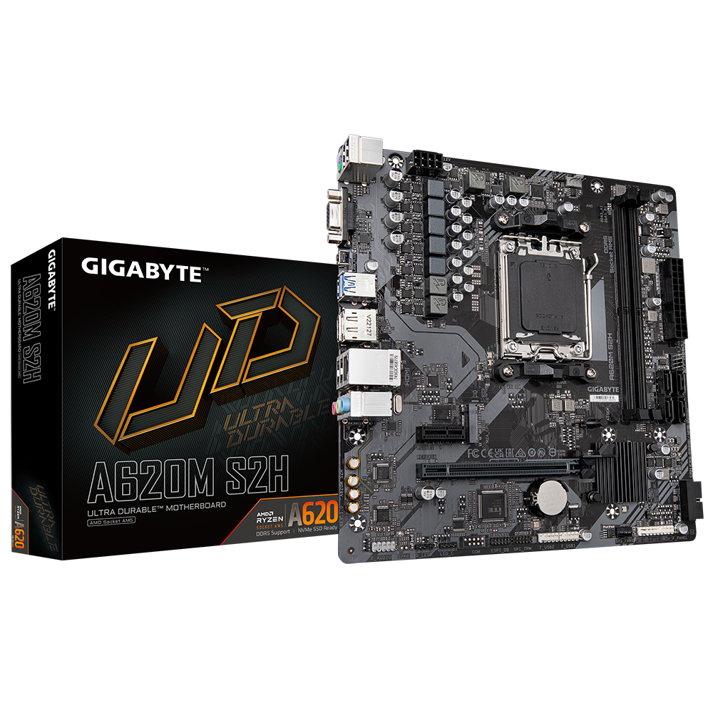 Материнская плата GIGABYTE A620M S2H, AM5, AMD A620, 2xDDR5 DIMM, PCI-Ex16, 4SATA3, 7.1-ch, GLAN, 4 USB 3.2, VGA, HDMI, DP, mATX, Retail