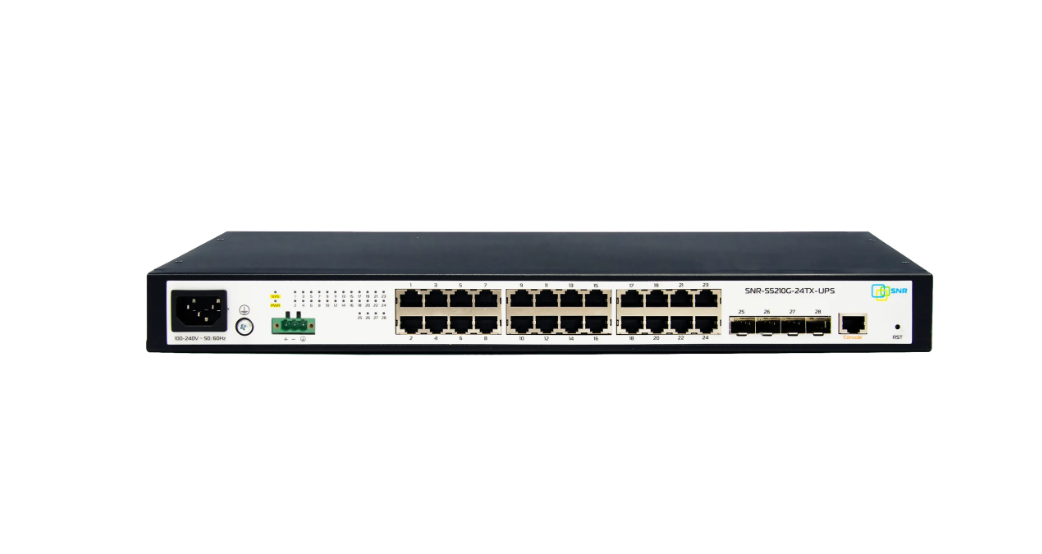 Коммутатор SNR SNR-S5210G-24TX-UPS, управляемый, кол-во портов: 24x1 Гбит/с, кол-во SFP/uplink: SFP+ 4x10 Гбит/с, установка в стойку (SNR-S5210G-24TX-UPS)