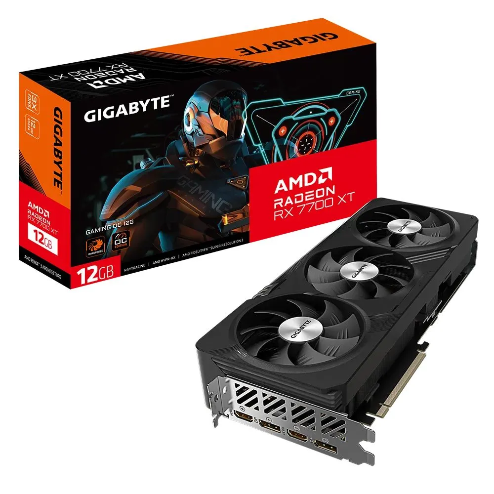 Видеокарта GIGABYTE AMD Radeon RX 7700 XT GAMING OC , 12Gb DDR6, 192 бит, PCI-E, 2HDMI, 2DP, Retail (GV-R77XTGAMING OC-12GD)