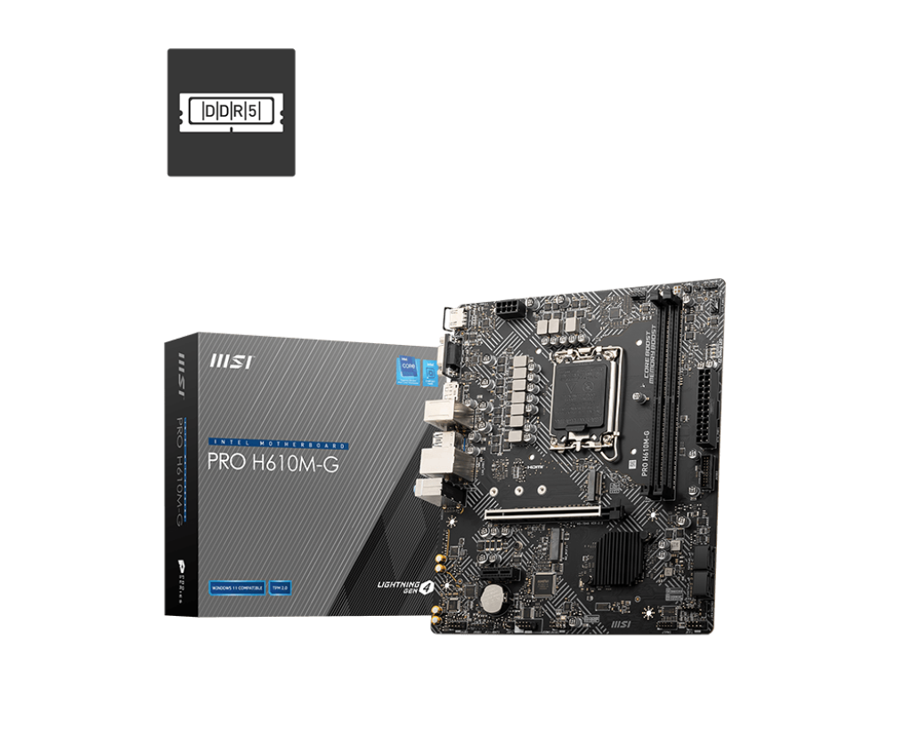 Материнская плата MSI PRO H610M-G, Socket1700, Intel H610, 2xDDR5 DIMM, PCI-Ex16, 4SATA3, 7.1-ch, GLAN, 4 USB 3.2, VGA, HDMI, DP, mATX, Retail