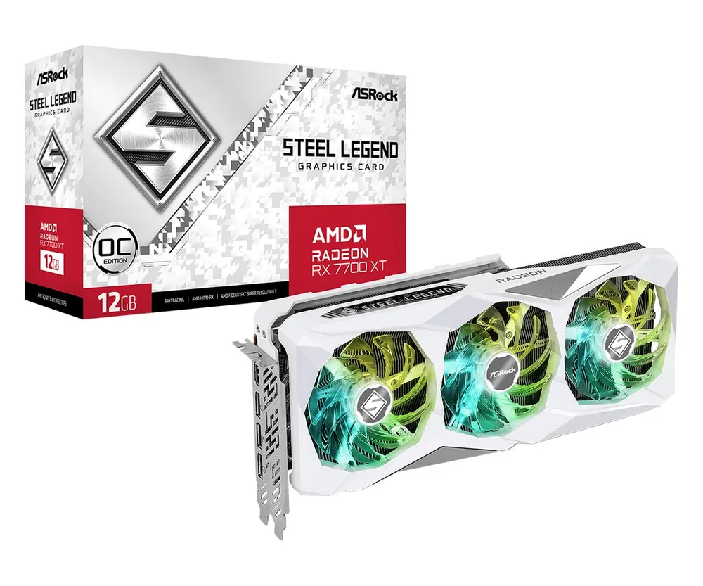 Видеокарта ASRock AMD Radeon RX 7700 XT Steel Legend , 12Gb DDR6, 192 бит, PCI-E, HDMI, 3DP, Retail (RX7700XT SL 12GO)