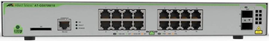 Коммутатор Allied Telesis AT-GS970M/18PS-R-50, управляемый, кол-во портов: 16x1 Гбит/с, кол-во SFP/uplink: SFP 2x1 Гбит/с, установка в стойку, PoE: 16x30 Вт (макс. 247 Вт) (AT-GS970M/18PS-R-50)