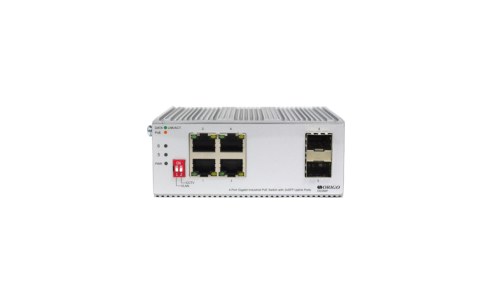 Коммутатор ORIGO OI2206P/120W, кол-во портов: 4x1 Гбит/с, кол-во SFP/uplink: SFP 2x1 Гбит/с, на DIN-рейку, PoE:4x30 Вт (макс. 120 Вт) (OI2206P/120W/A1A)